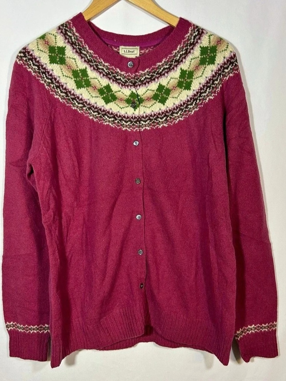 LL Bean Cardigan Sweater Fair Isle Lambswool Womens XL NWOT Pink